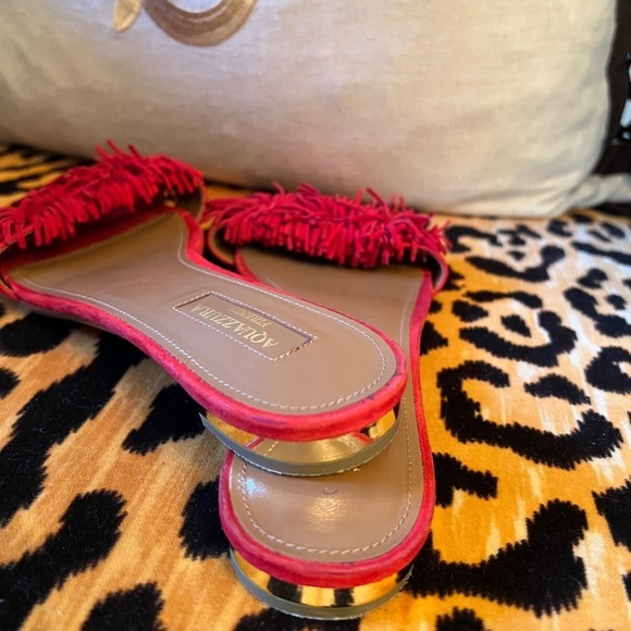 AQUAZURRA Wild Thing Suede Fringe Flat Slide Sandal Lipstick Red - Picture 8 of 9